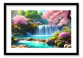 A beautiful paradise land full of flowers, rivers and waterfalls, a blooming and magical idyllic Eden garden.