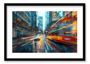 A busy urban street in a bustling metropolis is captured with a long exposure, showcasing vibrant lights and the fast-paced motion of city life