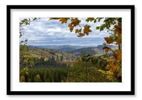 View from autumn forest to beautiful diverse mountainous landscape