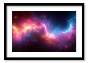 A striking cosmic nebula showcases swirling patterns of pink, blue, and orange gases illuminating the darkness of space, highlighting its ethereal beauty.