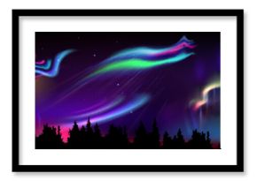 Cold night landscape with forest silhouette and dark starry sky with bright northern lights. Realistic vector illustration of twilight scene with green, purple and blue gradient aurora borealis