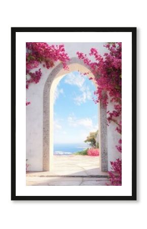 A simple Mediterranean archway window adorned with vibrant bougainvillea flowers under a clear blue sky