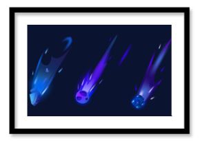 Blue asteroid with fire. Space meteor trail in sky vector. Meteorite stone fall with flare glow tail effect for cosmic shower. Rock planet speed flying illustration with sparkle neon flash light