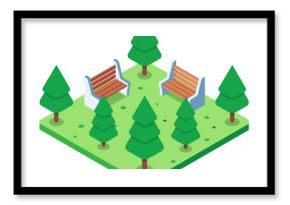 Isometric view of a peaceful green city park with two empty benches nestled among evergreen trees, offering a place for rest and relaxation