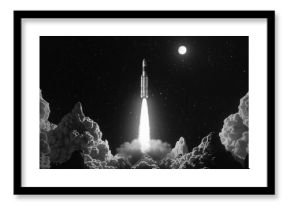 Black and white photo of a rocket taking off, useful for scientific or technology-related projects