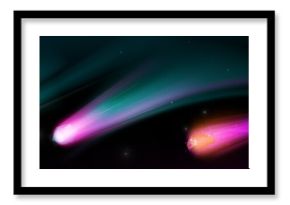 Celestial objects - asteroids or comets streaking across space with vibrant fire tails. Realistic 3d vector glowing trails in shades of green, pink and purple with fiery movement through cosmos effect