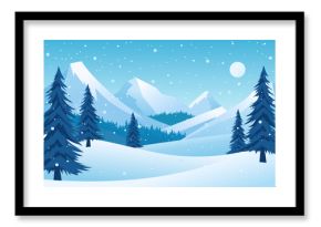 Winter evening rush landscape. Rising moon over beautiful snow-capped mountain peaks. Mountains, hills, forest, fir trees and pine trees in snowy weather.