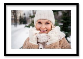 Photo of attractive sweet lady dressed beige coat feeling cold enjoying warm cozy scarf outdoors urban city park