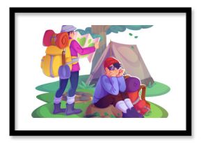 Hiker tourist in travel adventure with camp tent. Man character with backpack and map walk in outdoor trip for camping. Trekking activity with group of people in vacation with essentials and tool