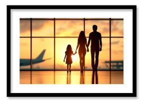 Family silhouetted against a vibrant airport sunset, holding hands, AI