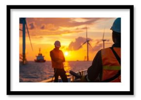 Silhouetted workers on a ship deck oversee sunset-lit wind turbines, embodying a blend of technology and nature's beauty over the ocean.