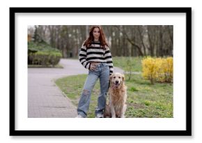 Teenage Girl Enjoys Spring Park With Golden Retriever