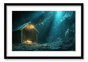 rustic wooden manger bathed in ethereal starlight humble nativity scene set in atmospheric cave spiritual christmas illustration