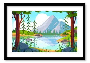 Landscape scenery with mountains range, clear sky, lake and rocks, pine tree forest. Vector picturesque pristine nature scene for game, location for vacation or holidays rest. Tourist trip