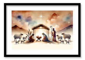 Nativity scene in Bethlehem. Christmas scene illustration showing Holy Family baby Jesus in the manger Mary and Joseph. Watercolor painting. Banner Copy space