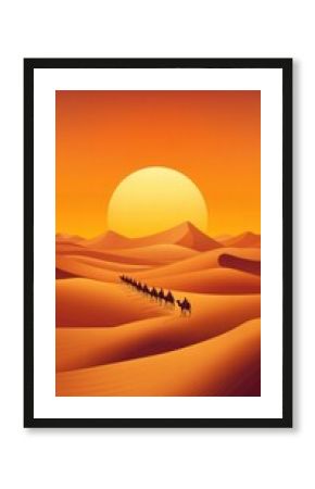 Caravan of camels traverses golden desert dunes under a blazing sun, AI