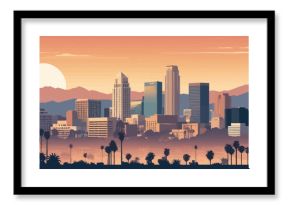 "Vector illustration of Los Angeles skyline during sunset, showcasing the city’s iconic architecture against the backdrop of a colorful, serene sky and silhouettes of palm trees."