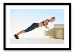 Athlete, woman and exercise with push up outdoor of fitness, body balance and morning routine. Mockup space, female person and warm up of muscle with plank for training, workout and marathon practice
