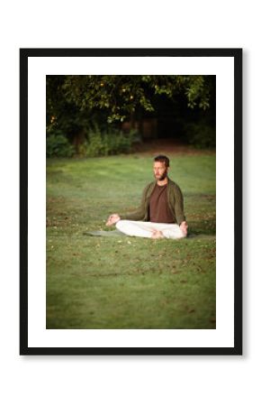 Man, yoga and lotus for peace on grass, eyes closed and spiritual by tree in morning at park. Mature person, zen and meditation in garden with balance, breathing and mindfulness on ground in France
