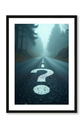 Low angle photography of a white question mark on the foggy and misty asphalt road mysterious road ahead leading ahead to an unknown destination path to success concept career journey choice question 