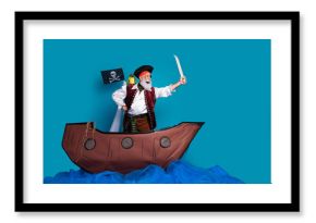Photo of medieval hero pirate swimming sea battle isolated on blue color background