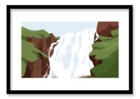 Nature landscape set. Serene tranquil environments, sceneries. Pine forest, waterfall and cliff, sea coast, trees, water. Calm peaceful wild outdoors, card backgrounds. Flat vector illustration