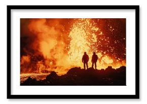 Scientist observing volcanic eruption with thick smoke and molten lava in extreme conditions, generative ai