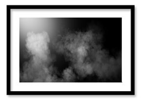 Divine light through a dark fog. The rays beam light on the floor. Spotlight on isolated background.