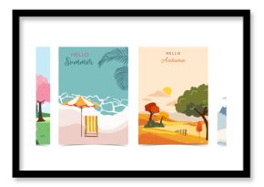 Four season holiday landscape background with mountain and tree for a4 vertical design