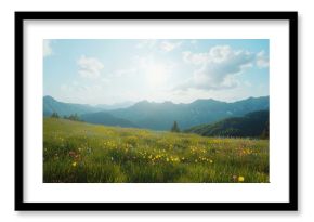 Scenic landscape with gentle grassy slopes and isolated evergreen trees, low angle view across a vibrant wildflower field with yellow and pink blossoms, soft clouds drifting over distant alpine peak