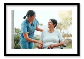 Nurse, garden and senior woman in wheelchair with a disability in retirement community park for fresh air. Female caregiver, elderly person and outdoor together with support for assisted living.