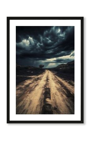 Dramatic view of a desert dirt road leading towards ominous dark storm clouds on the horizon : Generative AI