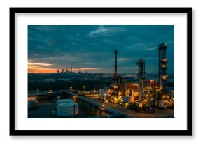 Oil refinery plant lighting up at dusk near city skyline