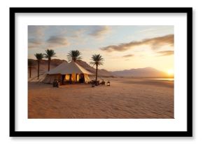 Luxury tent camp glowing at sunrise in the desert near Red Sea, Saudi Arabia