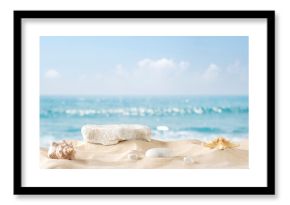 Stone podium for summer cosmetics product presentation on blurred tropical sea sand beach background