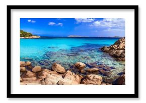 Italy summer holidyas . Sardegna island - stunning Emerald coast (Costa Smeralda) with  beautiful beaches.  popular Capriccioli beach with turquoise sea