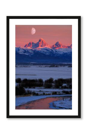 Tetons Teton Mountains in Winter Snow and Trees with Reflection in River With Moon