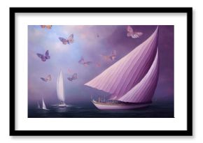 fantasy whimsical pink pastel sailboat at calm sea with butterflies , digital art, illustration