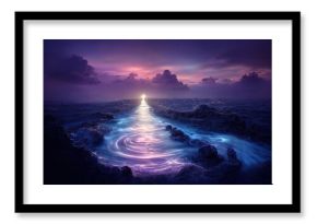 A colorful purple sunset, with a road to the sky, an endless edge, the sea, reefs, a portal to another world. 3d render
