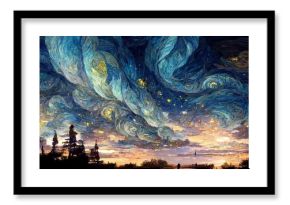 Landscape with majestic blue clouds and glowing stars at night