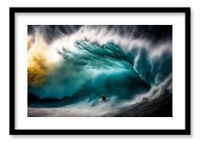 A man, a surfer in front of a giant wave. The concept of the power of nature and the vulnerability of man to its forces. Huge waves Tsunami Big waves. 