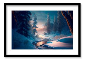 Winter landscape wallpaper with pine forest covered with snow, mountain stream and scenic night sky with stars. Snowy fir tree in beauty nature scenery. Christmas and new year greeting card background
