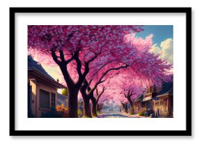 Cherry tree in full bloom with lots of pink blossoms ideal for backgrounds