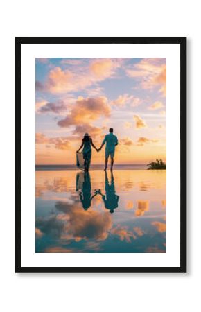 couple watching sunset at infinity pool Saint Lucia, couple on vacation tropical Island of St Lucia with beautiful reflection in pool