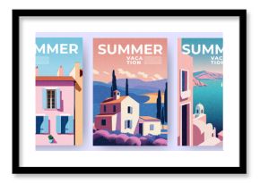 Summer nature landscape poster, cover, card set with sea view, summer fields, houses, mountains and typography design. Summer holidays, vacation travel in Europe illustrations.