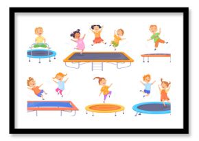 Kids trampolines. Children jump center, energetic kid boy and girl jumping on rubber elastic trampoline child playroom house or outdoor park, fun childhood neat vector illustration
