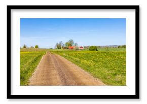 Gravel road to a farm in a beautiful rural landscape