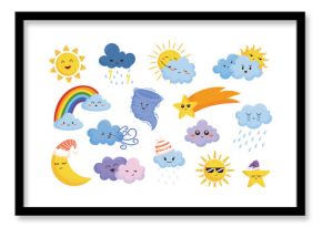 Cartoon Weather Characters Depicting Various Weather Conditions Sun, Rain, Snow, Thunderstorm, And Wind