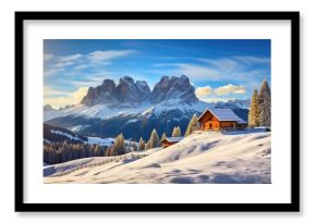 Beautiful landscape with a small wooden log cabin on a meadow during sunrise.