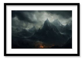  a dark mountain scene with lightning and lightning in the sky.  generative ai